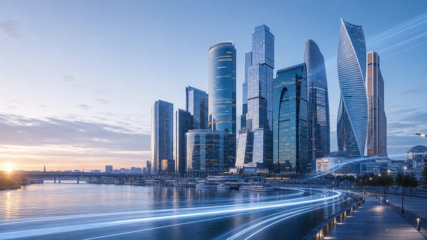 Концептуальный результат Hunyuan: Москва-Сити на рассвете